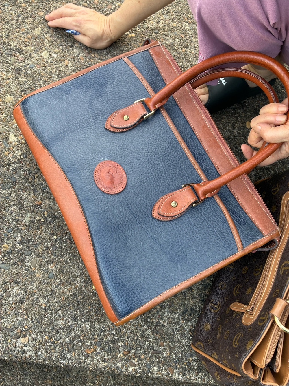 Dooney & Bourke Navy and Brown Leather Trim Tote